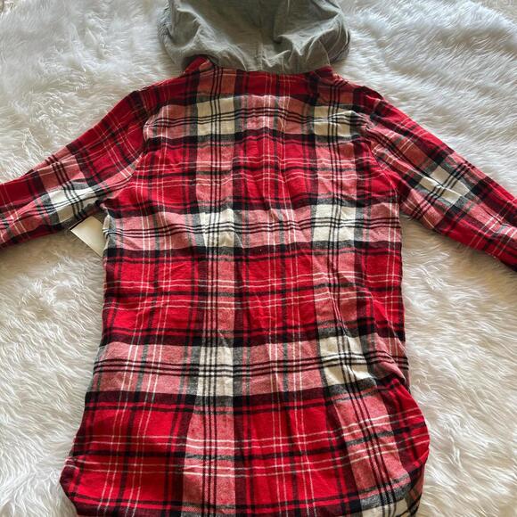 Red and white plaid button-up hoodie shirt - Picture 2 of 3